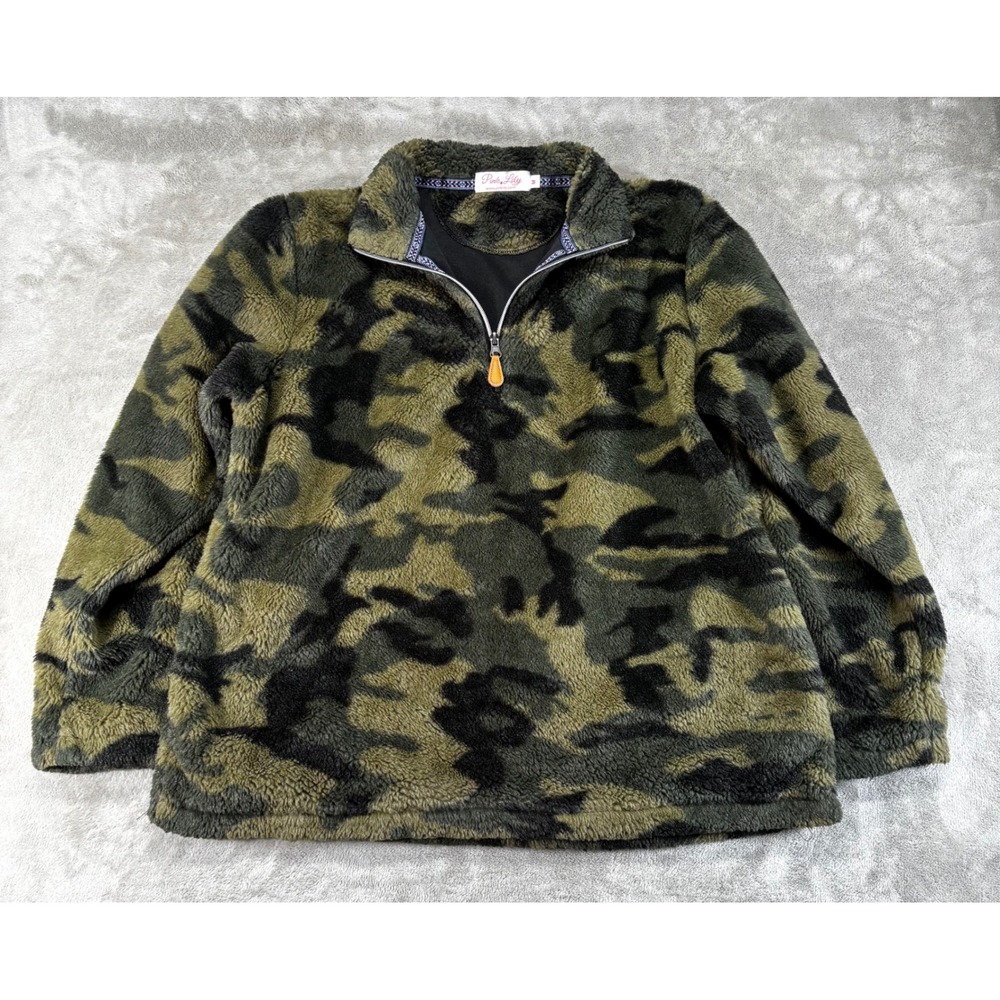 Pink Lily Sherpa Pullover Women Medium Green Camo Excellent Quarter Zip Fleece